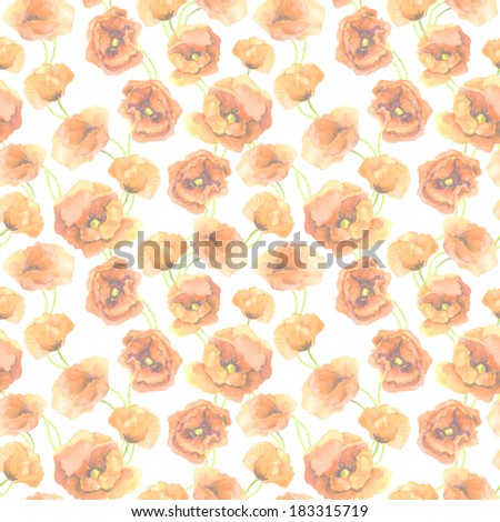 Vintage pastel floral seamless wallpaper with light red poppy flowers. Aquarelle painted drawing