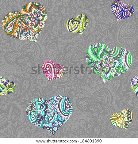 Seamless gray pattern with shine hearts on ornamental backdrop with arabic ornament