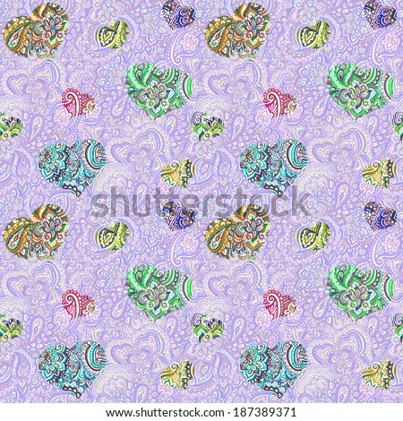 Seamless ornamental template with Indian ornament and ornate hearts on filigree violet background