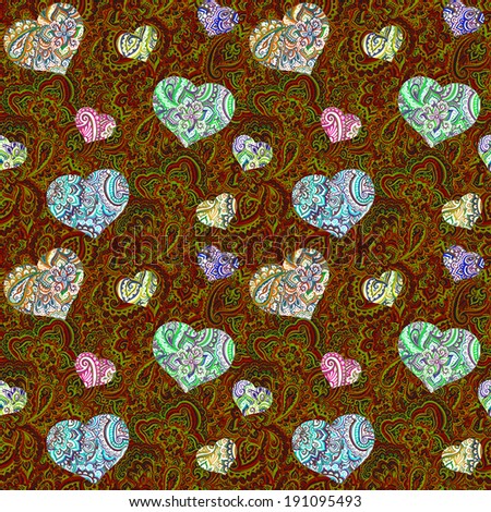 Seamless ornamental wallpaper with arabic ornament and ornate lace hearts on colorful red background