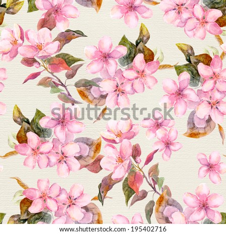 Pink apple cherry sakura blooming flowers Seamless floral tiled swatch Watercolor on paper background Pink apple cherry sakura blooming flowers Seamless floral tiled swatch Watercolor on paper background