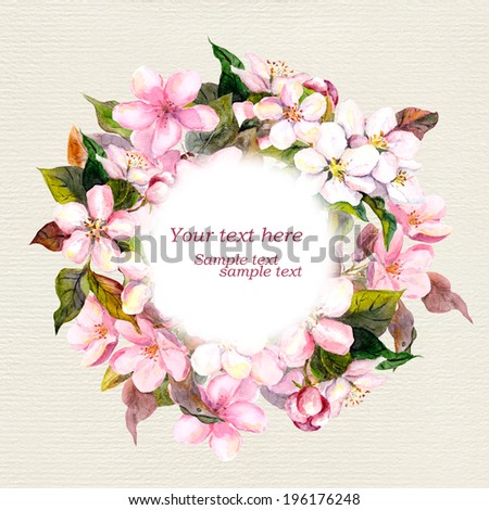 Retro floral wreath with pink flowers (apple, cherry blossom) for vintage greeting card. Watercolour