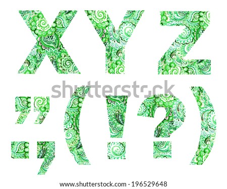 Font (alphabet) with watercolour ornate ornament and punctuation mark