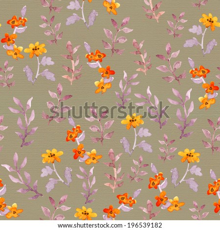 Vintage seamless primitive floral wallpaper. Retro cute flowers and leaves on paper background. Watercolour