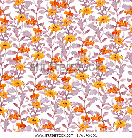Retro seamless cute floral pattern. Vintage pretty flowers and leaves on white background. Watercolor