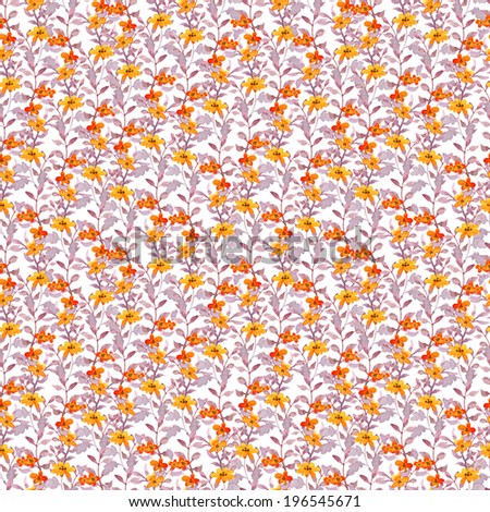 Seamless naive floral wallpaper. Cute flowers and leaves on white background. Aquarelle