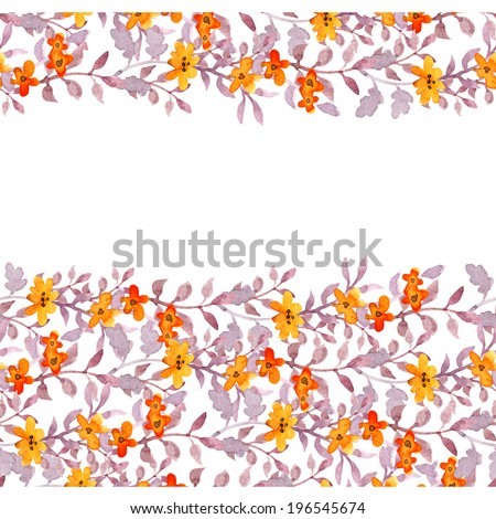Seamless primitive floral banner frame. Cute flowers and naive leaves. Watercolour
