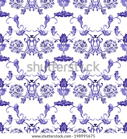 Seamless pattern with asian floral design - chrysanthemum flower. Watercolour on white background