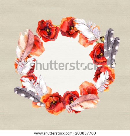 Floral chic wreath with colorful flowers poppies and feathers for greeting card. Watercolor art on paper background