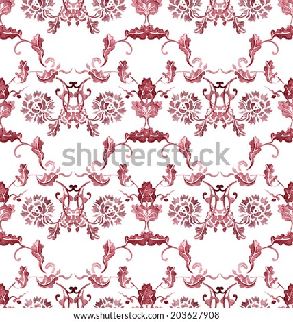 Seamless pattern with asian floral design - chrysanthemum flower. Watercolor on white background