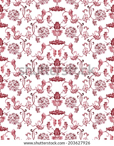 Seamless pattern with chinese floral design - chrysanthemum flower. Watercolor on white background