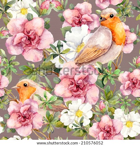 Watercolor vintage birds and retro flowers . Seamless floral pattern.