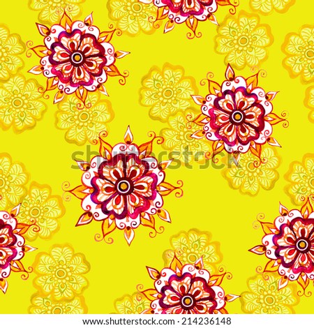 Watercolor: ethnic indian flowers. Seamless floral pattern, decorative background