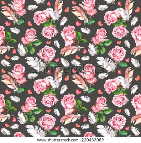 Rose flowers, feathers and hearts. Repeating floral pattern. Watercolor