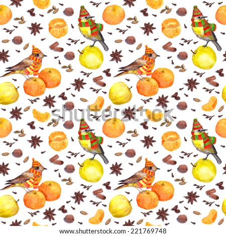 Birds, spices and fruits (apple, mandarin). Watercolor winter repeating pattern