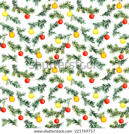 Xmas, new year decor on spruce tree branch. Watercolor seamless pattern