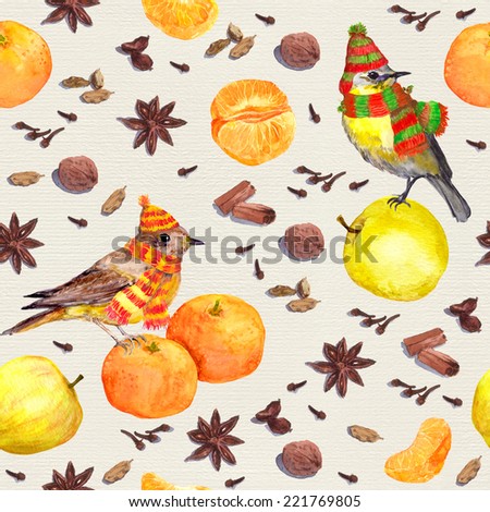 Birds, spices and fruits (apple, mandarin). Watercolor winter repeating pattern