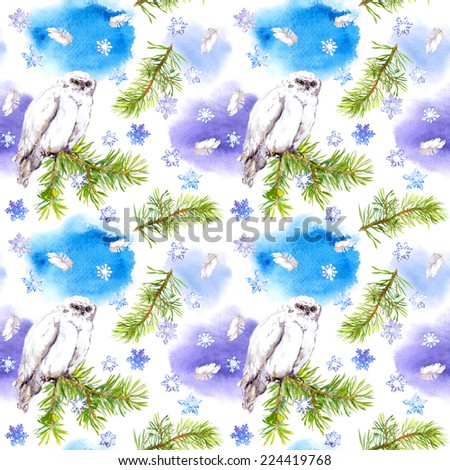 Snow owl bird. Seamless winter pattern with feathers, fir tree and snow flake. Watercolor