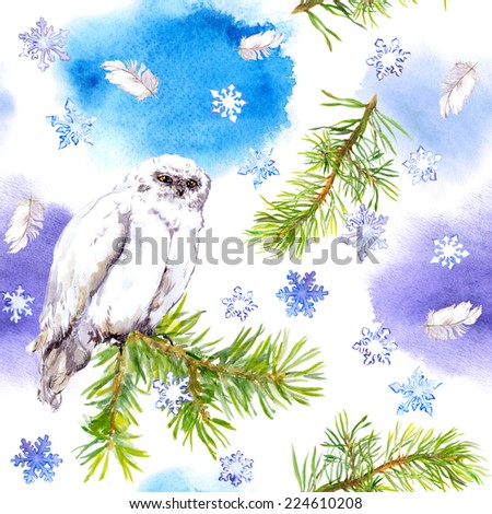 White owl bird. Repeating winter pattern with feathers, pine tree and snow flake. Watercolour