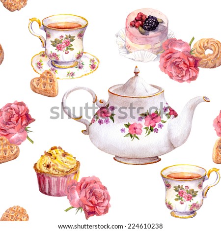 Teatime - tea pot, teacup, cakes and flowers. Repeating tea pattern. Watercolour