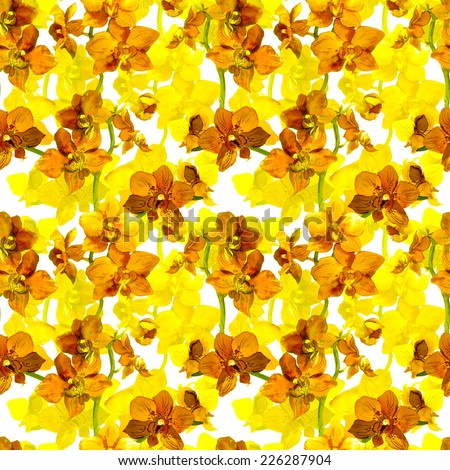 Tropical orchid flowers - exotic floral pattern. Repeating background. Watercolor.