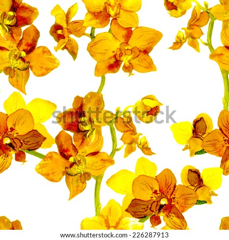 Tropical orchid flowers - exotic floral pattern. Repeating background. Water color.