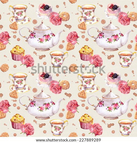 Tea pot, tea cup, cakes and flowers. Repeating tea pattern. Watercolour