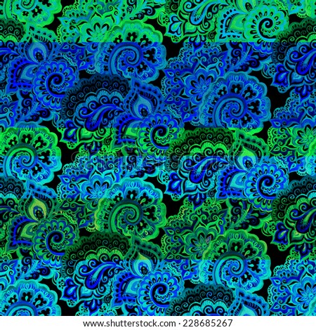 Neon contemporary ornate pattern with stripe and paisley. Abstract decorative design