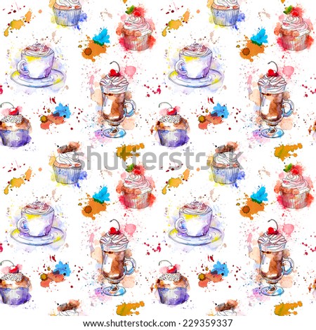 Tea party repeating pattern. Cupcake cakes, tea, coffee cup. Watercolor art