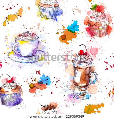 Teatime seamless background. Cupcake cakes, coffee cup. Artistic watercolour