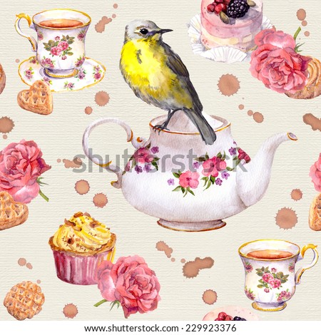 Teatime: tea pot, tea cup, cakes, rose flowers and bird. Elegant seamless tea time pattern. Watercolor