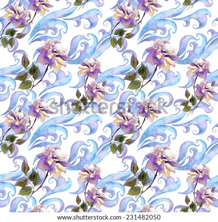 Seamless winter watercolor floral wallpaper. Water color frost design with rose flowers, scrolls and curves