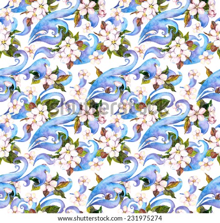 Flowers (sakura, cherry, apple tree) and blue ornament. Watercolour repeating floral wallpaper