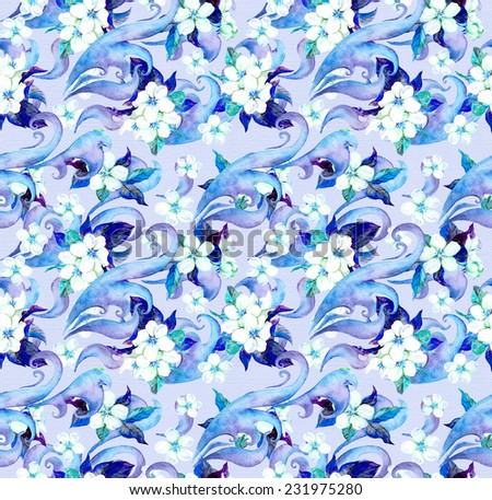 Frost flowers and winter ornament. Water color repeating floral background.