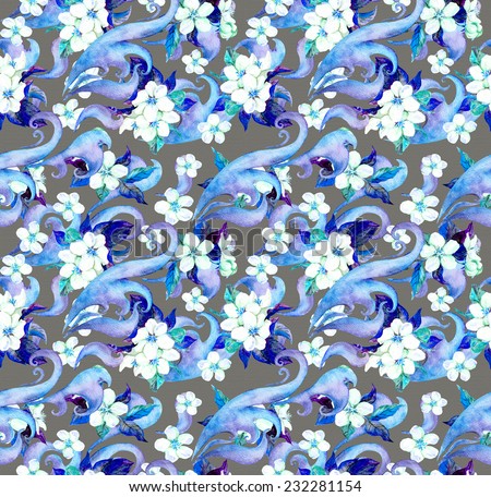 White flowers (apple, cherry, sakura) and abstract ornament. Watercolour repeating wallpaper.