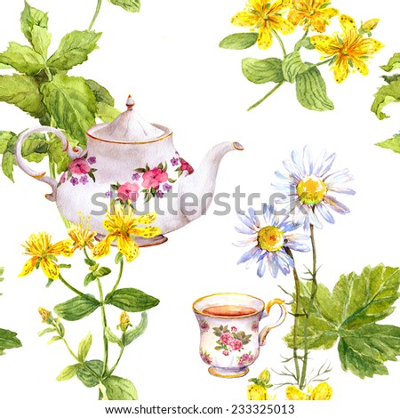 Herbal tea, tea herbs and flowers (chamomile, mint, hypericum), tea pot, tea cup. Seamless floral pattern. Water color