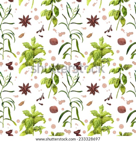 Species and herbal plants - marjoram, basil, mint. Seamless watercolour pattern.