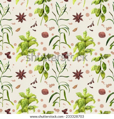 Species and herbal plants for kitchen. Repeated watercolor wallpaper.