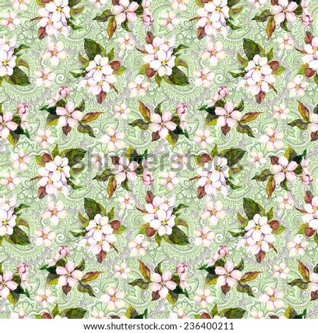 Watercolor white and pink blooming flowers on green ornate ethnic background. Floral seamless pattern. Watercolour