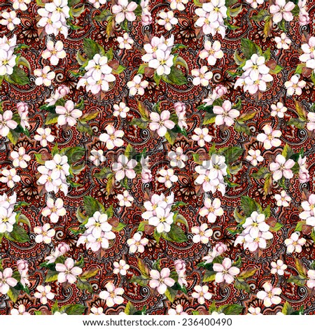 Spring flowers (sakura, sherry, apple) on eastern lace background. Floral repeating pattern. Watercolor