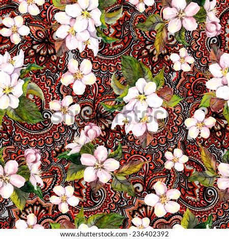 Floral repeating decorative pattern with blossom flowers. Sakura (cherry, apple tree) flowers on ornament of india. Water color
