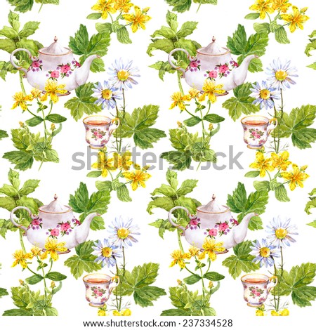 Herbal tea, tea herbs, teapot, tea cup. Repeating pattern. Watercolor