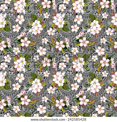 Blooming spring flowers on filigree eastern background. Repetitive pattern.