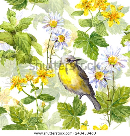 Garden herbs, flowers, grass with cute bird. Floral repeating pattern. Water color