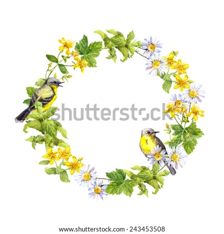 Wreath border with spring flowers, wild herbs, grass. Watercolor circle frame