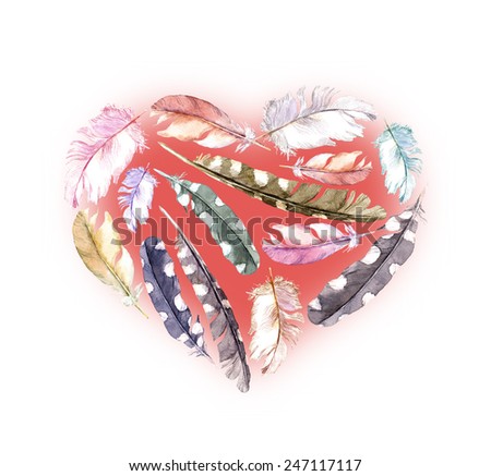 Feather heart - greeting card for Valentine day. Watercolor