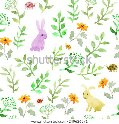 Rabbit animal in flowers and wild herbs. Repeating watercolor cute ditsy pattern