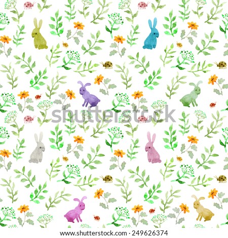 Cute rabbit animal in green grass and flowers. Repeating watercolor ditsy pattern