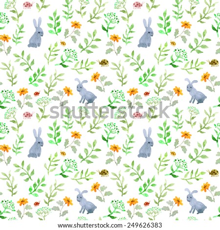 Rabbit animal in spring grass and flowers. Repeating watercolor cute ditsy pattern