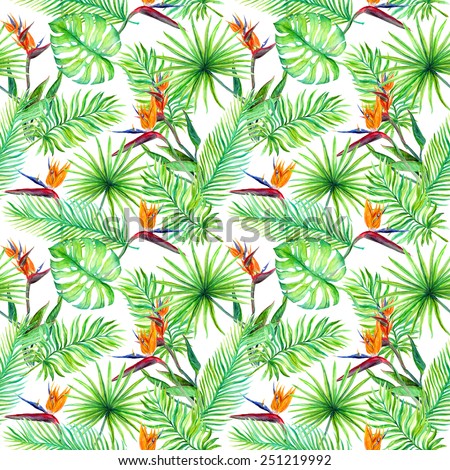 Tropic leaves and exotic bird flowers. Repeating pattern. Watercolor